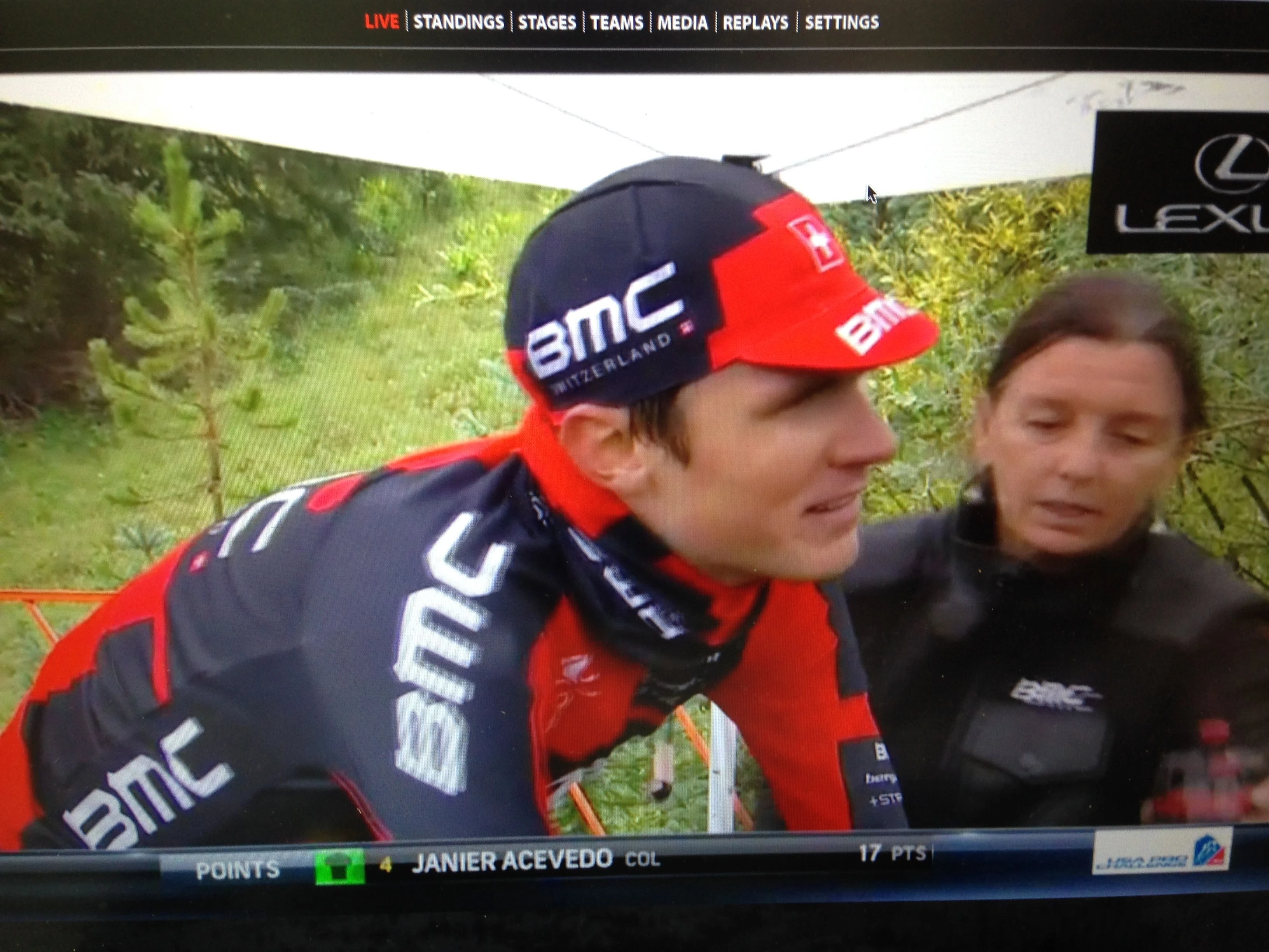 Trudi helping Tejay after he won the time trial, in the rain, yesterday. Must of been a crazy tailwind, he averaged close to 40 km/h for the 10 mile climbing race.