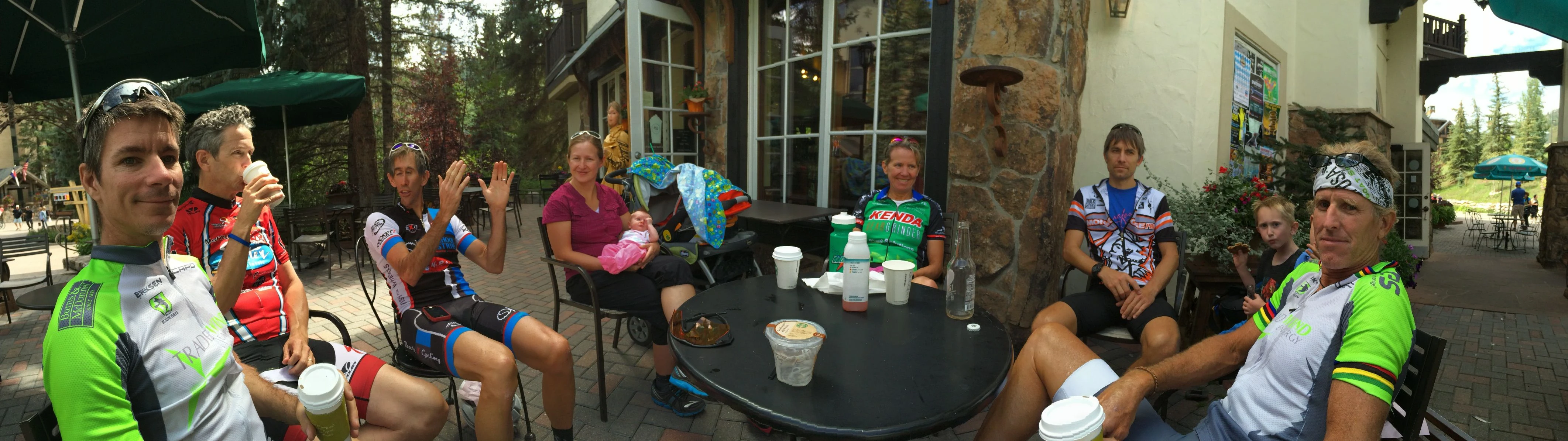 Gang sitting in Vail yesterday mid-ride. Vincent&rsquo;s head really isn&rsquo;t that narrow.
