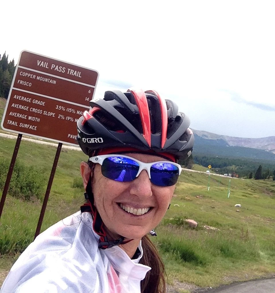 Trudi did her first real ride in over a month. She got dropped early on, but kept going to the top of Vail Pass. She has a little chocolate Gu on her lower lip, it seems.