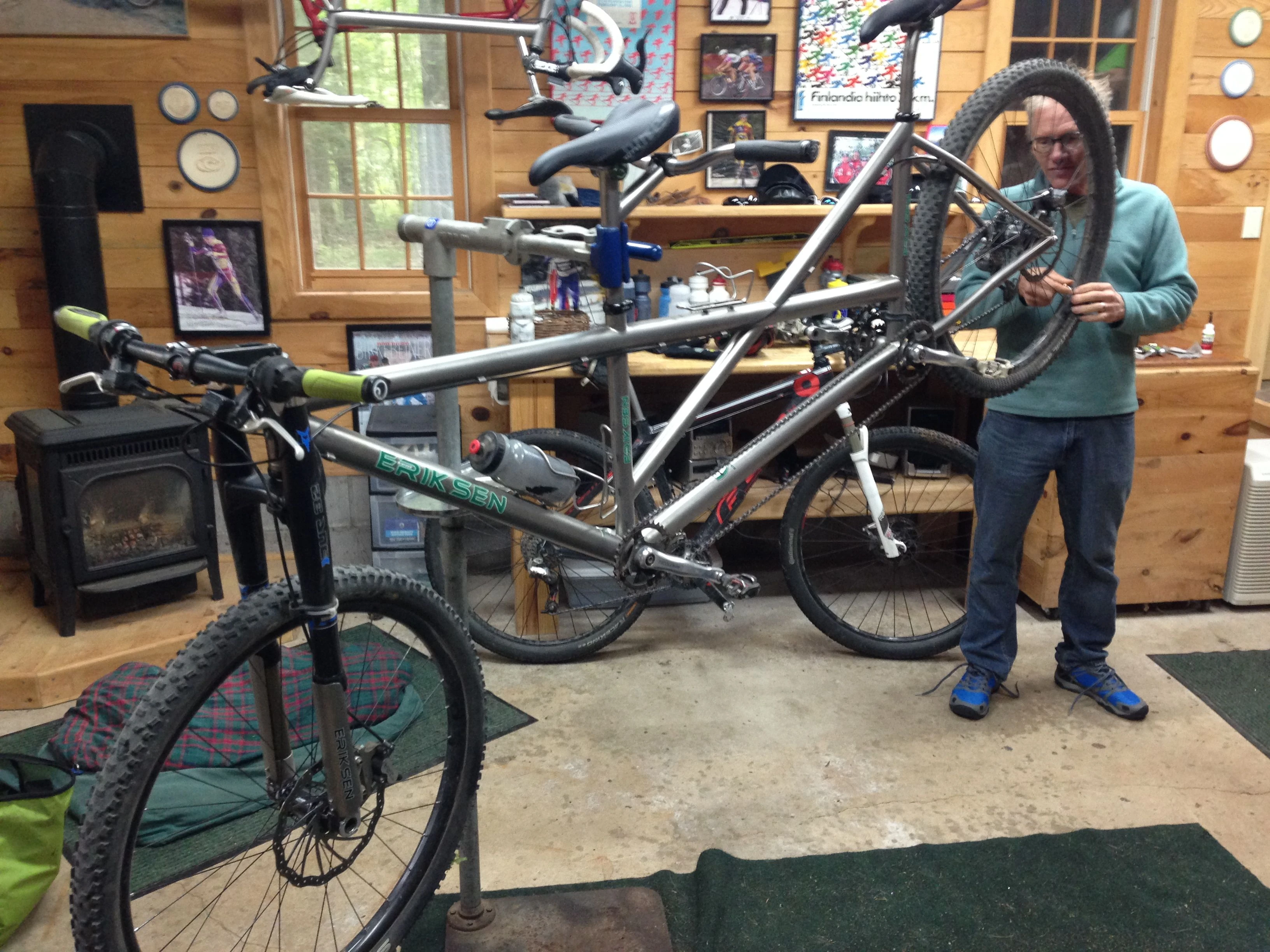 Kent Eriksen working on the tandem that he and Katie are racing. They won Leadville on it.