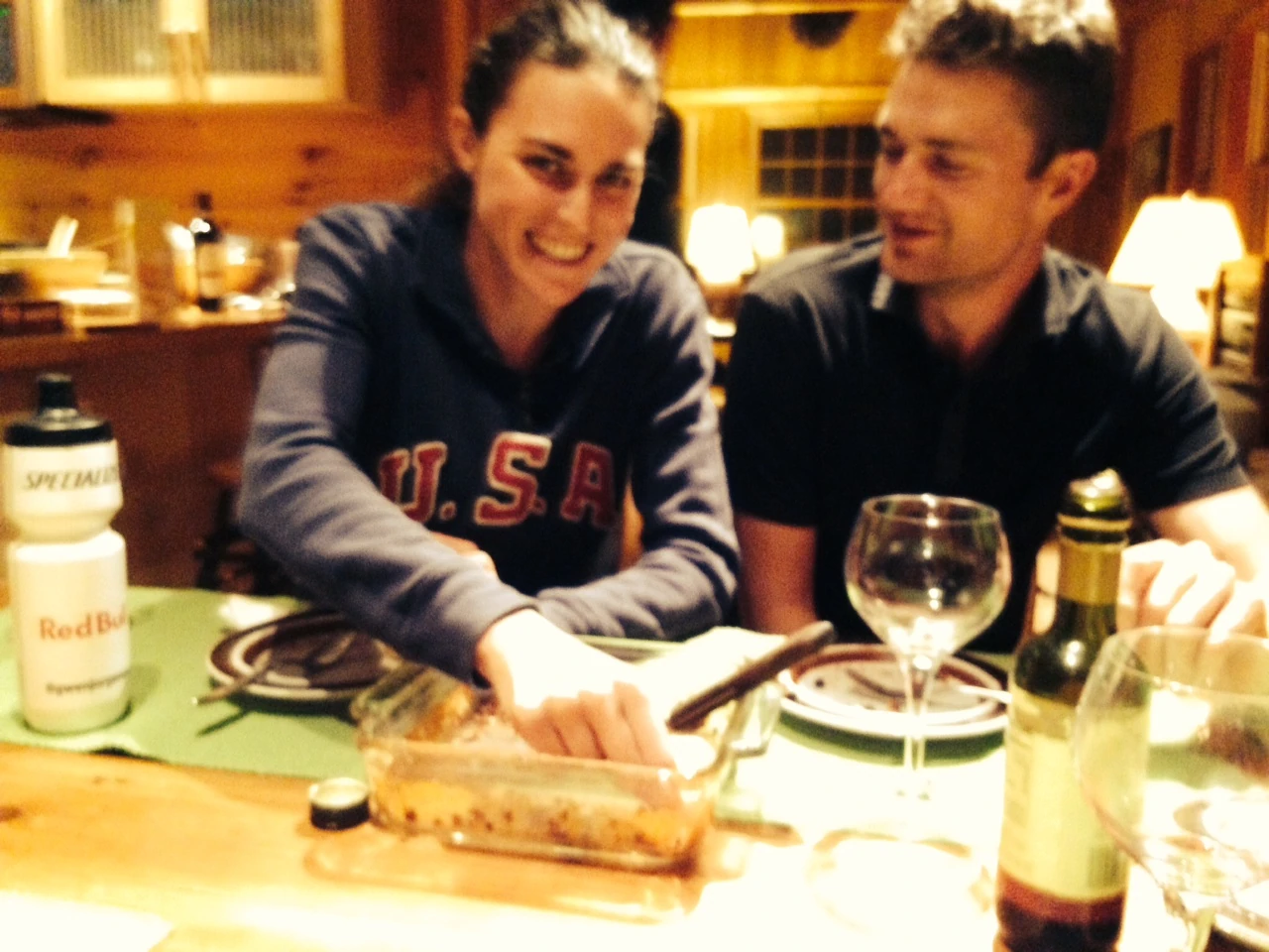 Gwen, scrapping the bottom of the dessert pan last night after dinner.