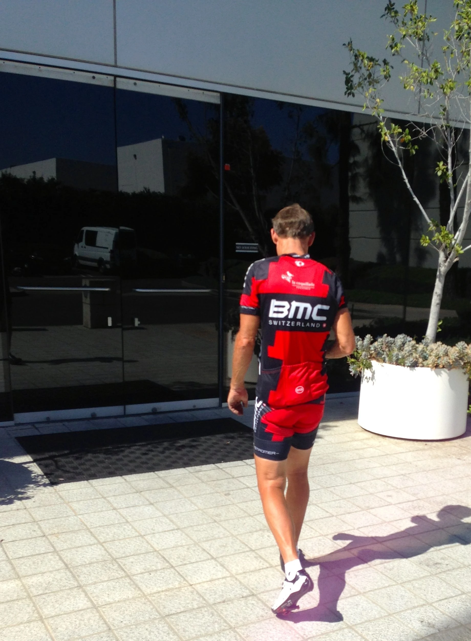 It seems like Wayne is nearly all dressed to ride when I show up. Kind of strange. His legs look amazingly fit.