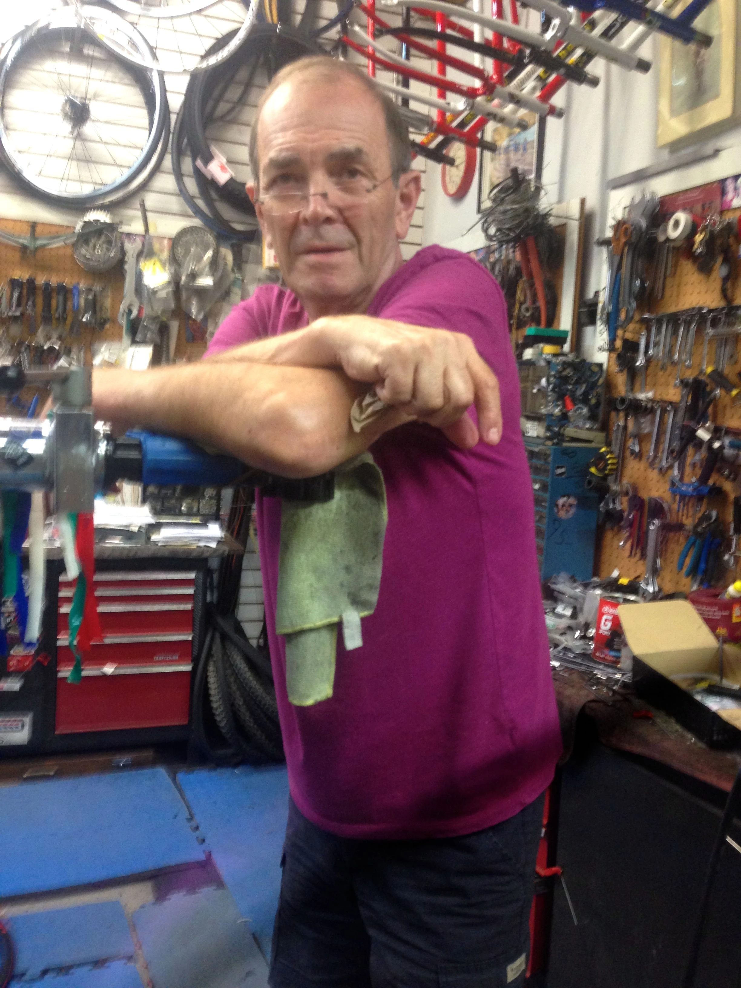 I stopped in Laguna Hills and visited an old friend, Marcel Calborn. He used to own Celo Europa in Manhattan Beach and now is down south. He is a true master mechanic. His current shop is almost of mirror image of his old shop. I can&rsquo;t believe the number of steel frames he has. Very old school, which is appropriate.