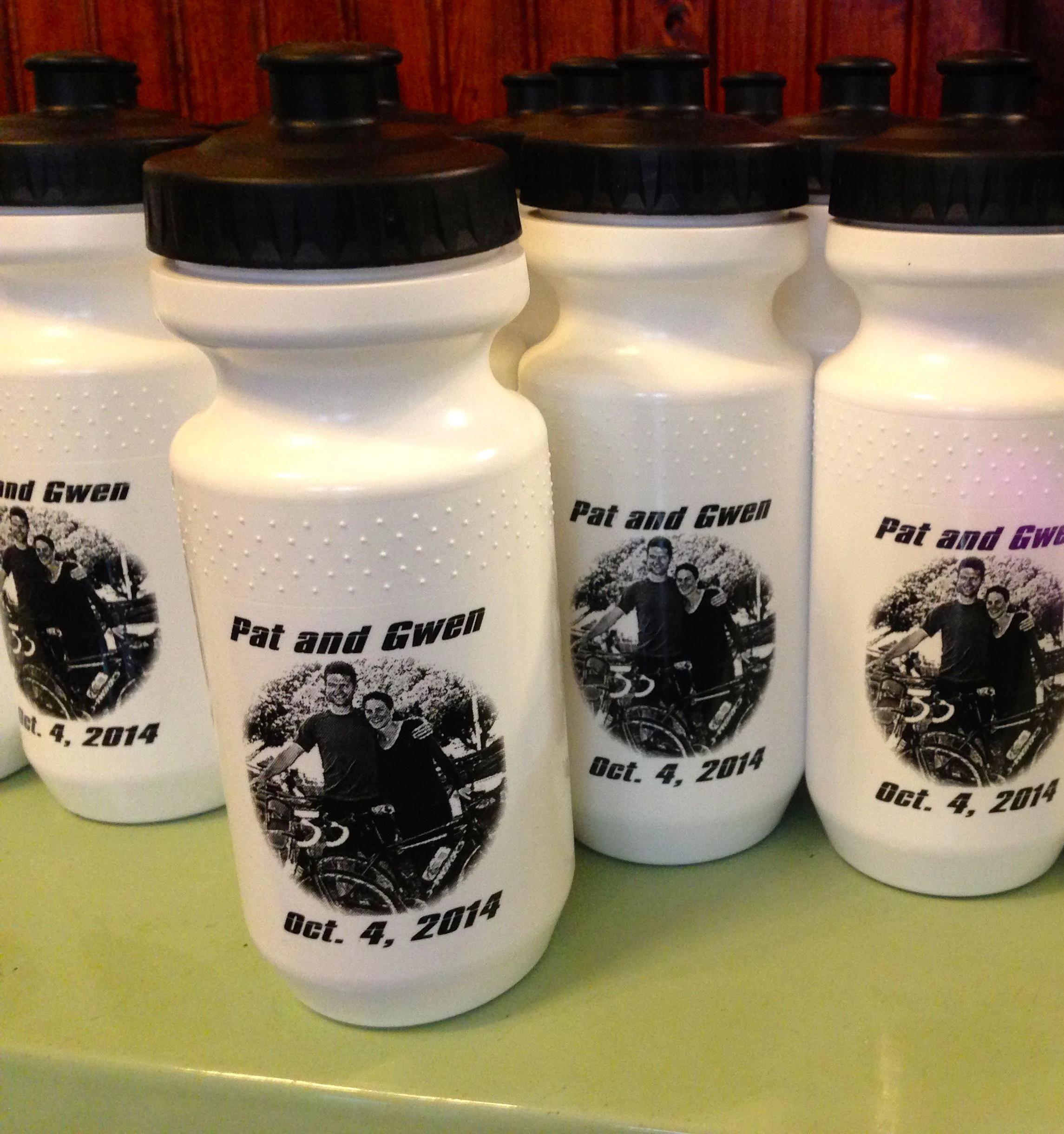 Specialized, Gwen&rsquo;s sponsor, made some custom wedding water bottles.