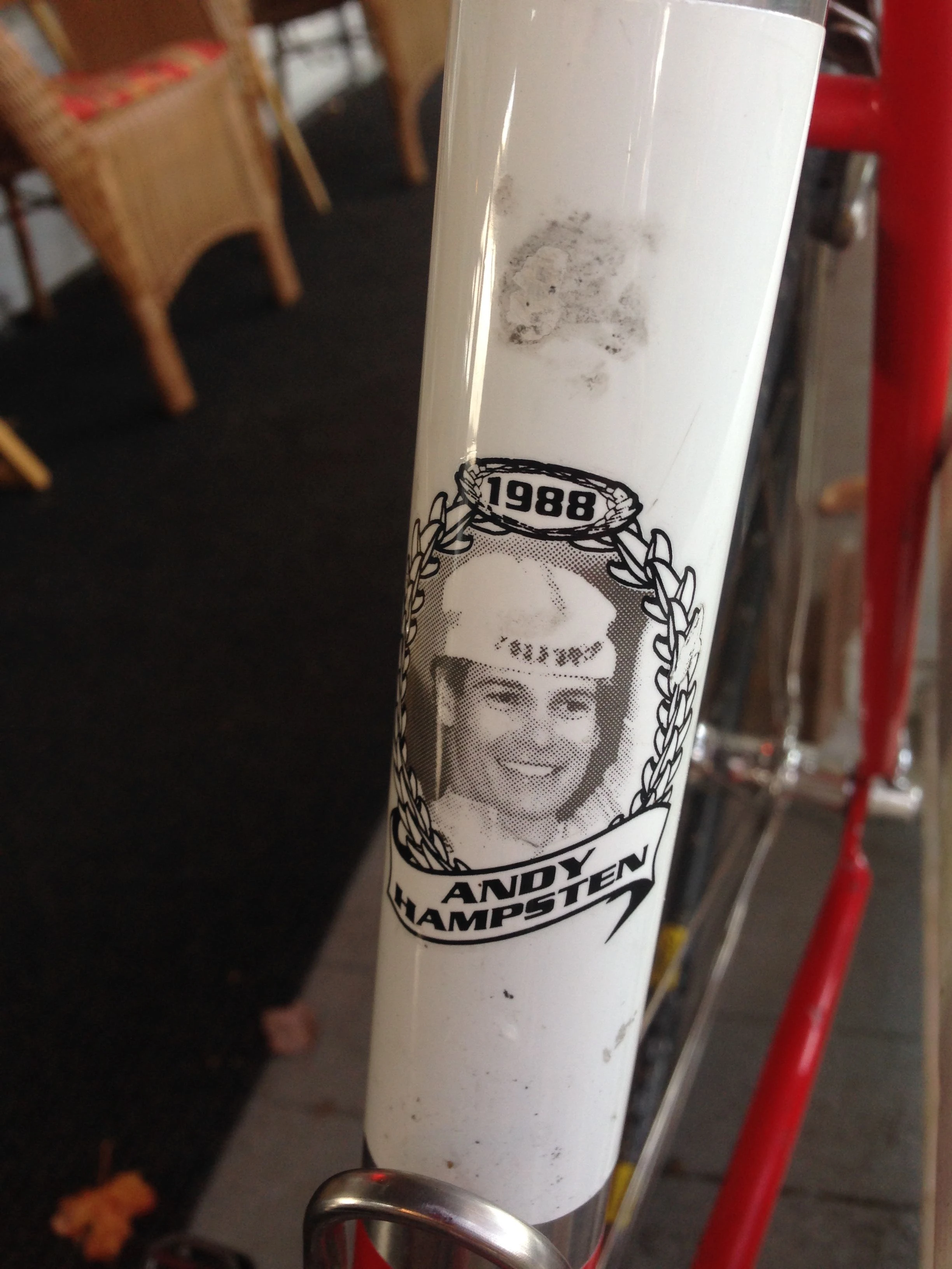 I saw this Hampsten bike at the coffeshop yesterday. I was hoping to get by Hampsten Cycles and visit Steve, Andy&rsquo;s brother, but guess next trip.
