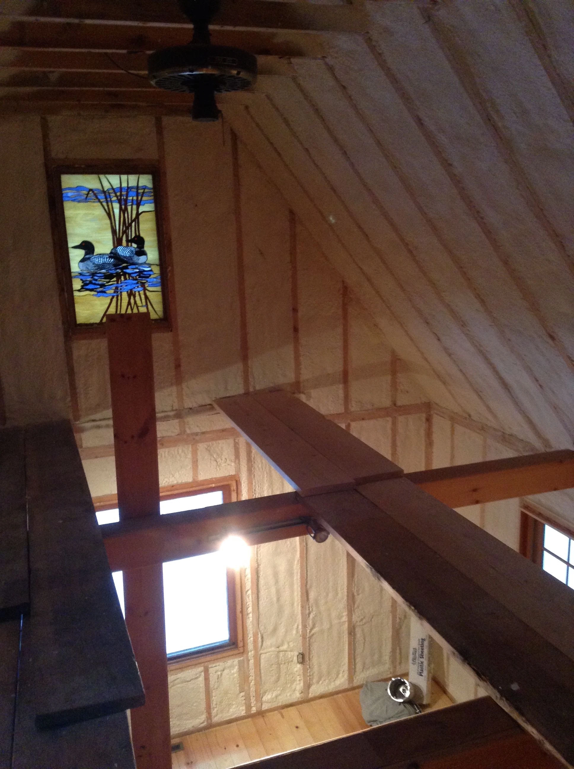 Dennis and Trudi have a project going too. Dennis got foam insulation sprayed throughout his &ldquo;old cabin&rdquo; and now they have to put back up v-groove.