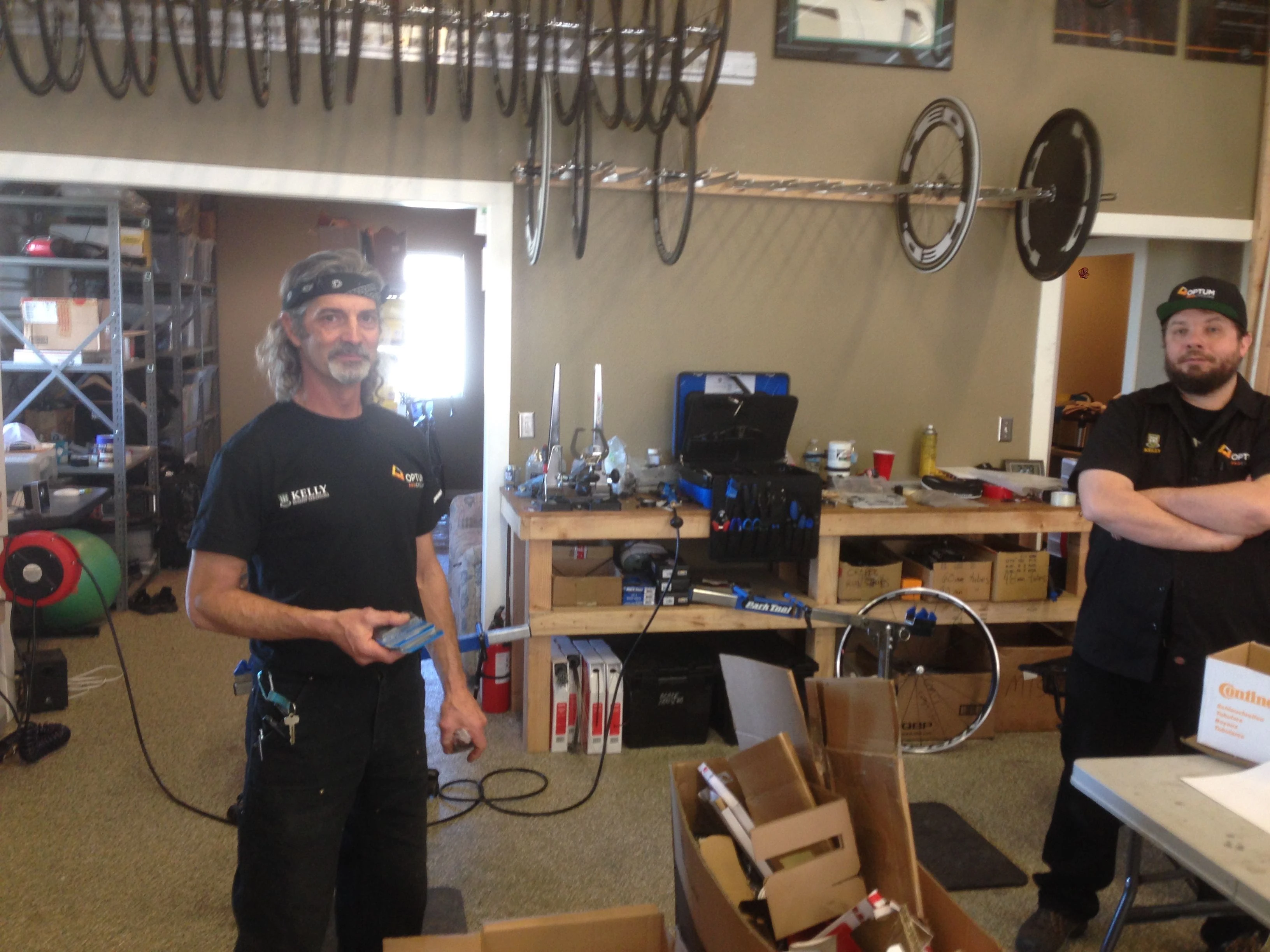 Bob and Ben packing up bikes.