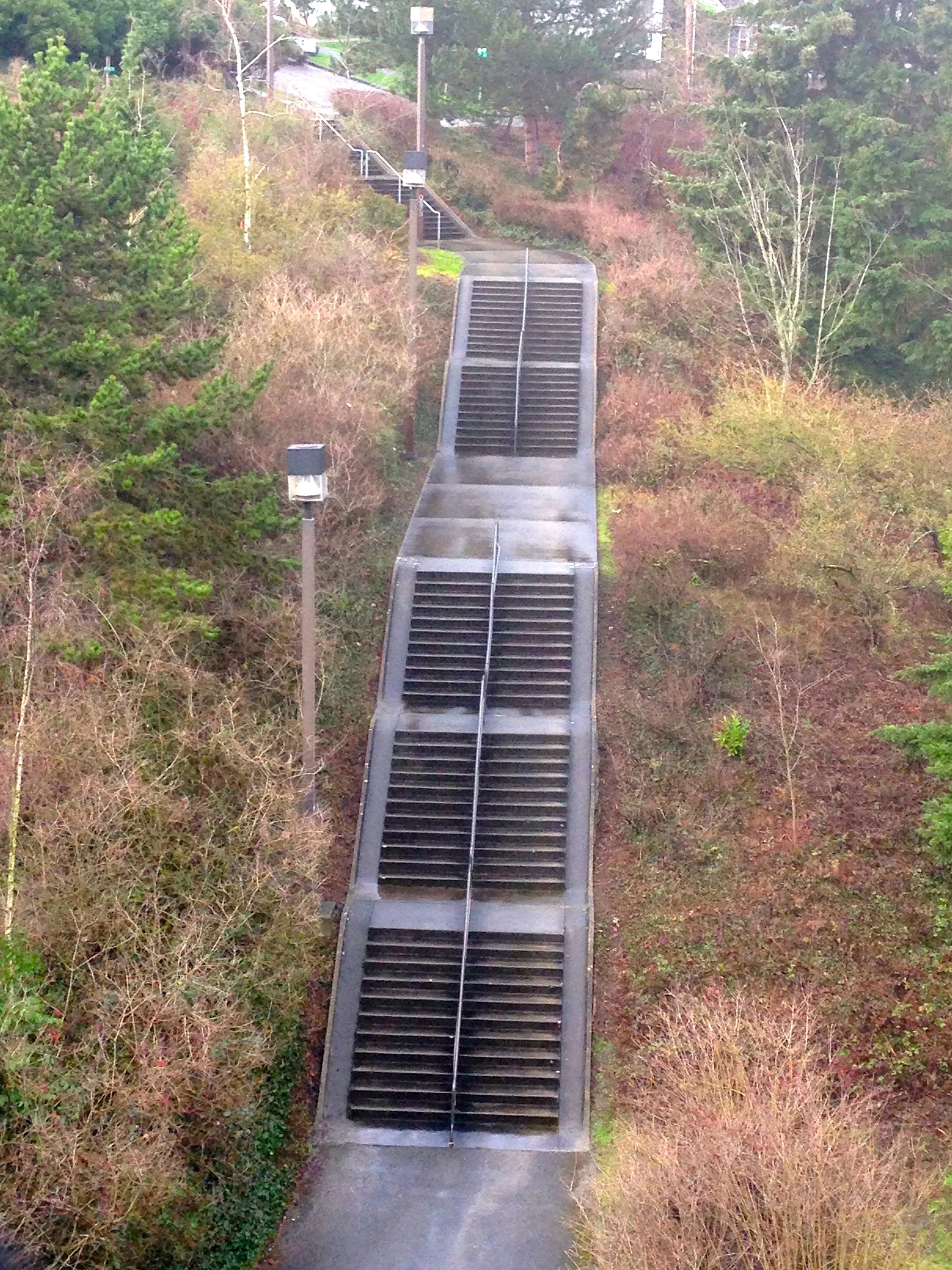 Yesterday I rode down this stairs, well not on the stairs, but on the little edge beside the stairs. I saw this from the I-90 bridge and thought it looked fun. I didn’t anticipate how wet it was. Plus, it was steeper than it looked. I got a little crossed up towards the bottom and thought to myself it would have been a real disaster if I would have fallen. LIttle steep and slick for a road bike.