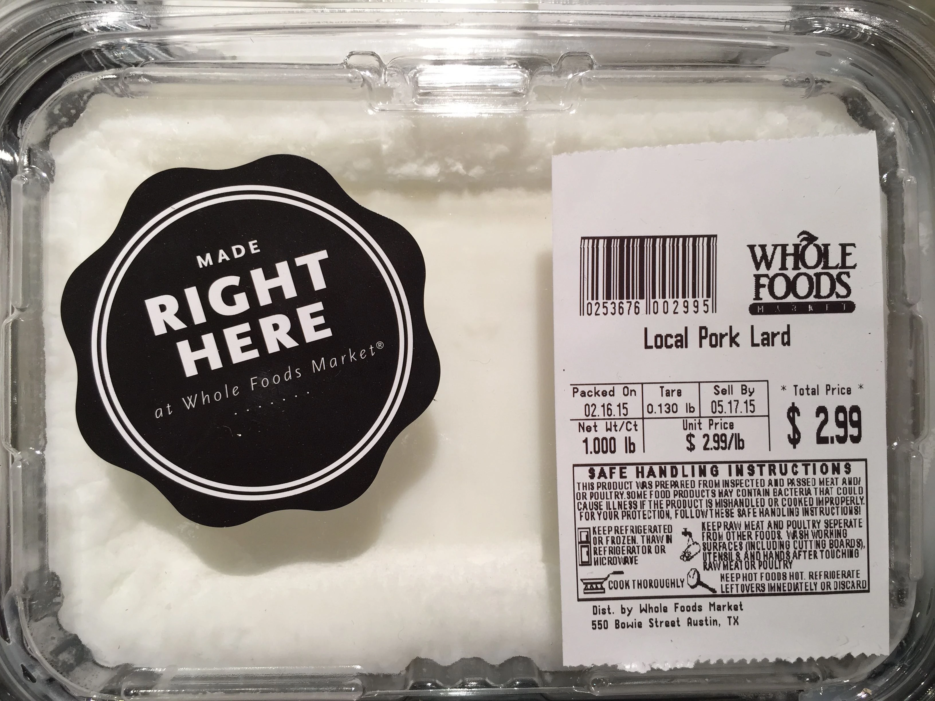 You can get twice as much here, in Whole Foods, for 3 bucks. Maybe it’s the difference between beef and pork lard? Grass feed or grain feed? Who knows?