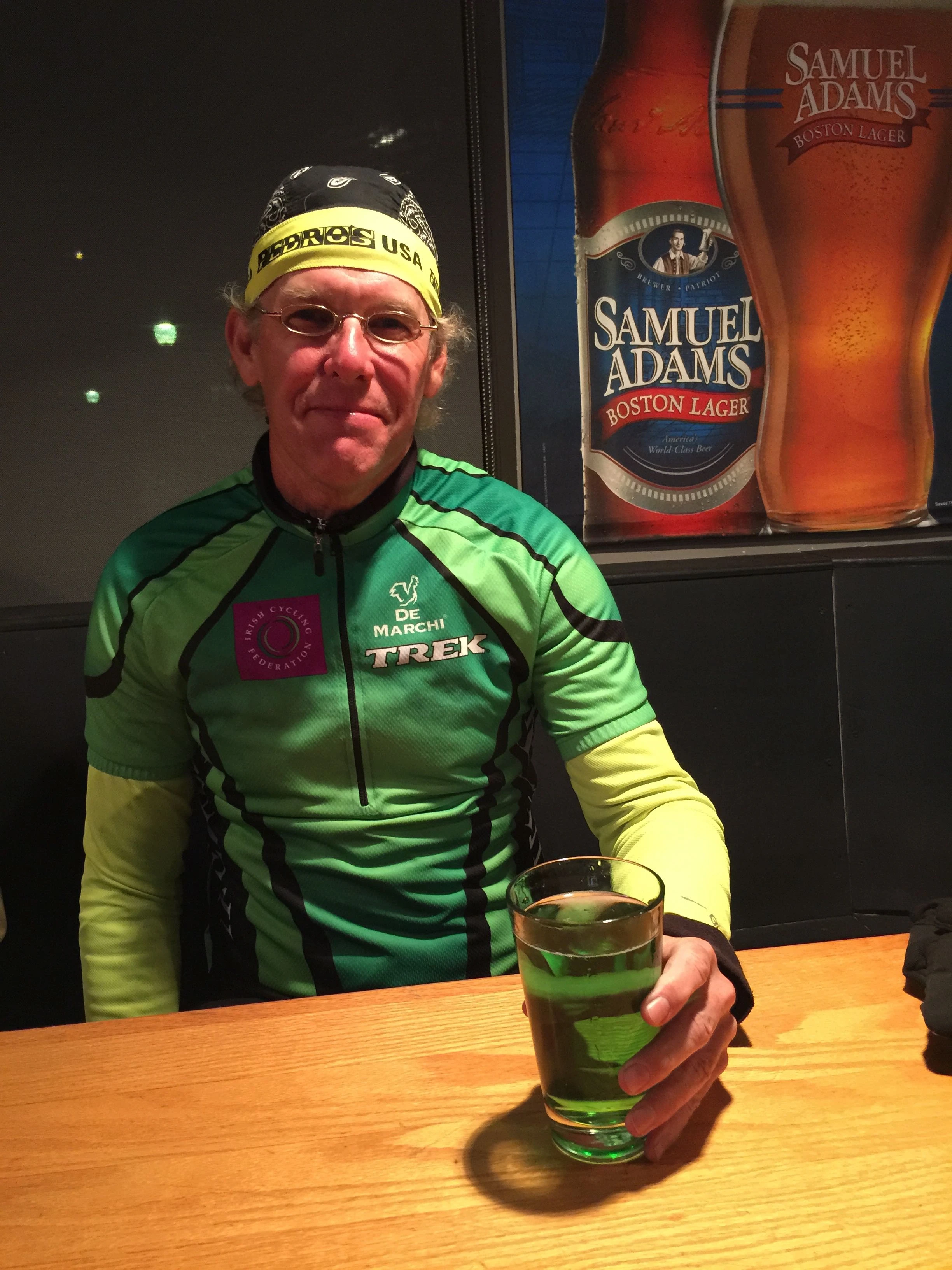 My brother, Kris, looking svelt, last night on the St. Patrick&rsquo;s Day beer ride. The green beer looked pretty horrible. 
