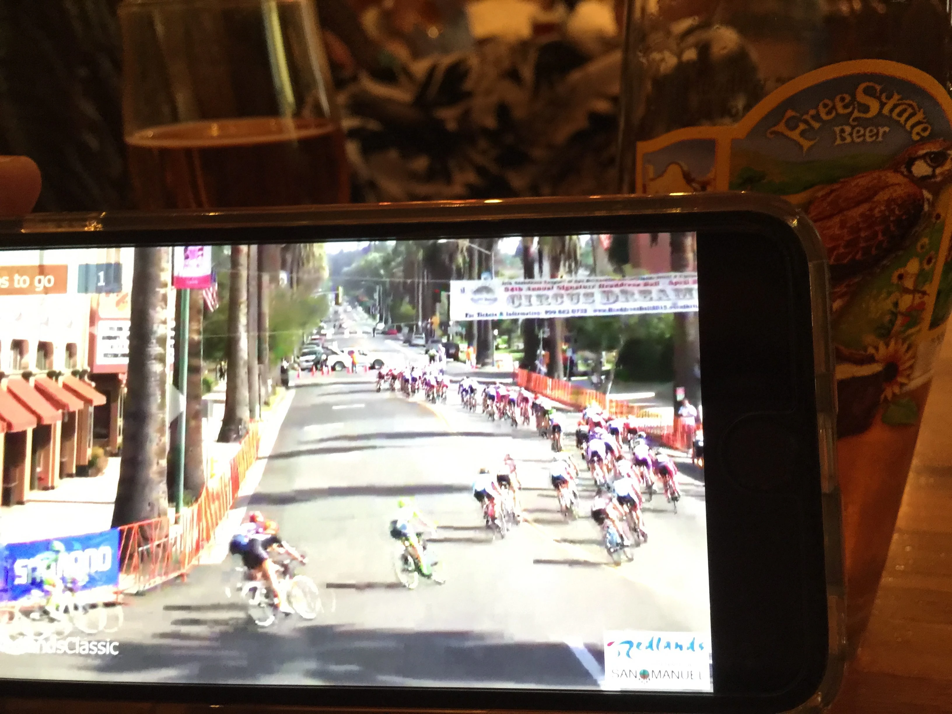 I was watching the Redland’s criterium on my iPhone before dinner last night at Freestate Brewery in Lawrence.