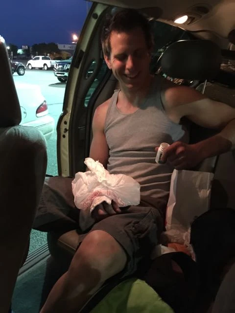 Eric, at the dinner stop, ice and Ibruprofen.