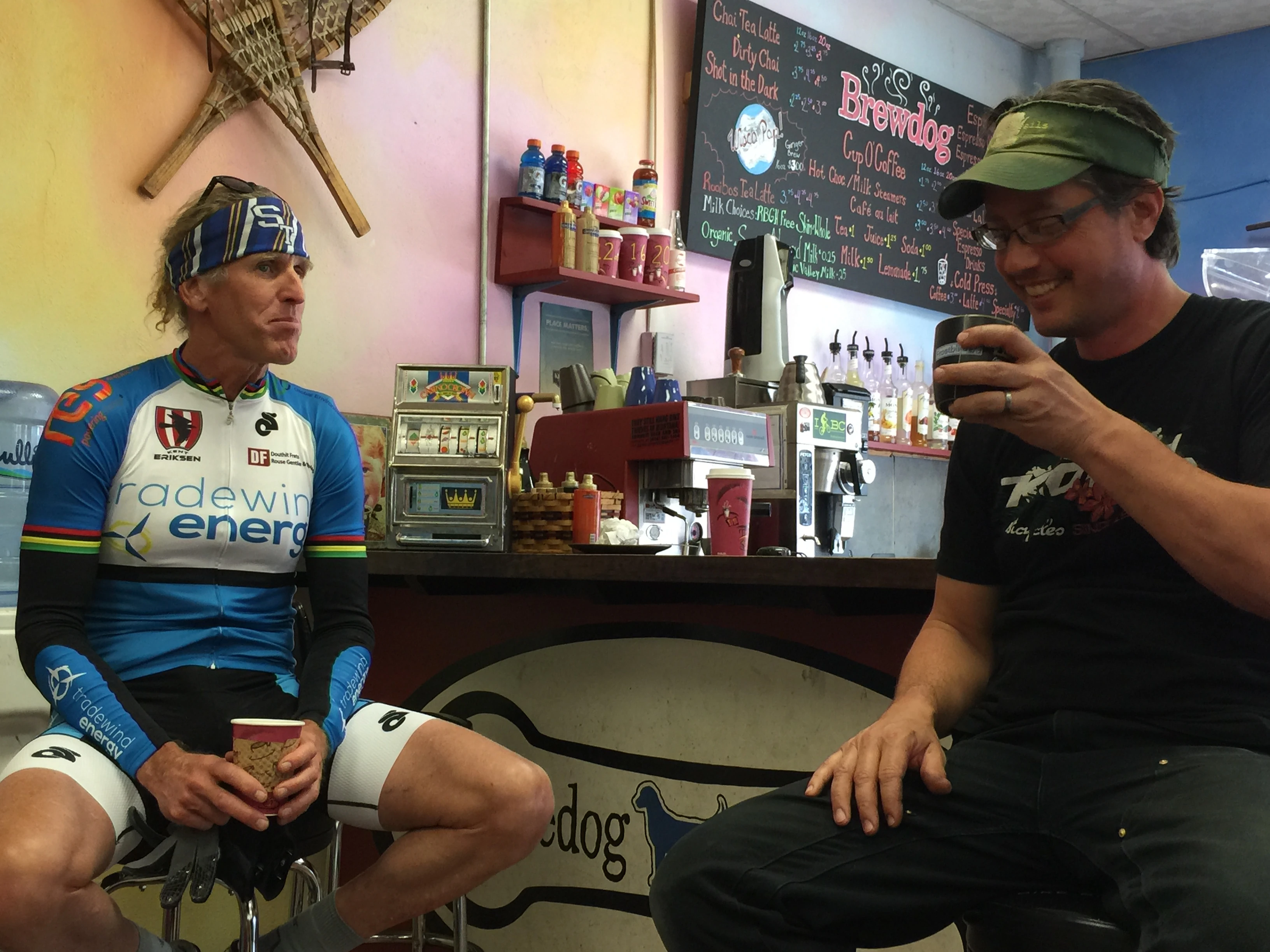 Pete Taylor and me having a coffee in his shop.