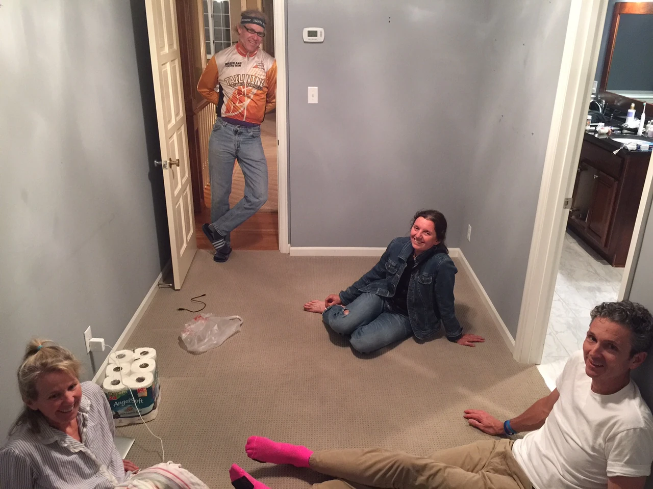 We didn&rsquo;t get back to Topeka until close to midnight and drove by the Keith and Catherine Walberg&rsquo;s new house to see if there were any lights on. They flew in yesterday afternoon. The light were on, so we stopped and said hi. They have no furniture for a week, so we ended up in this little room for some reason.