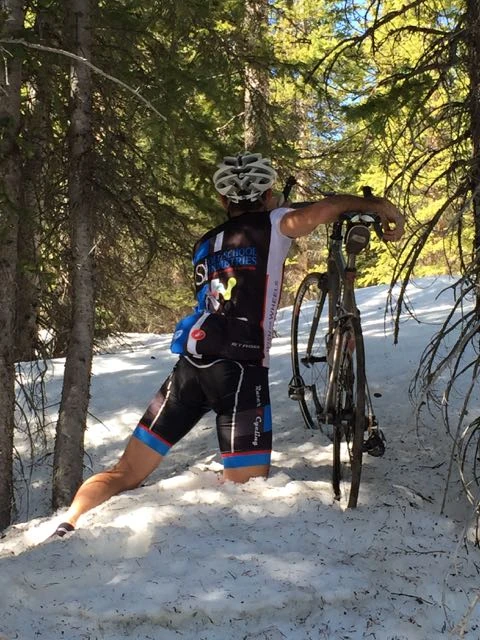 VIncent trying to use his bike to get his leg out.