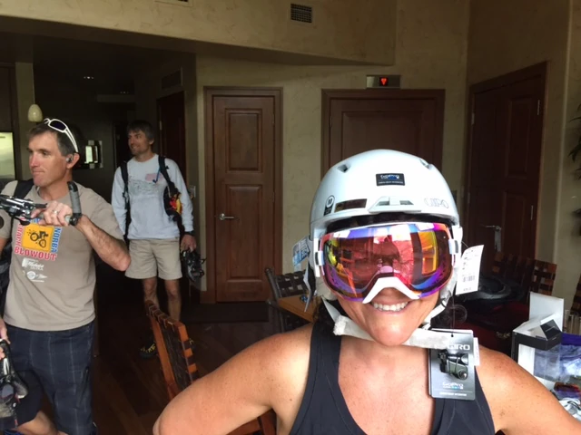 Here is Stacie with her new Giro ski helmet and goggles. Both 1/2 price in the summer.