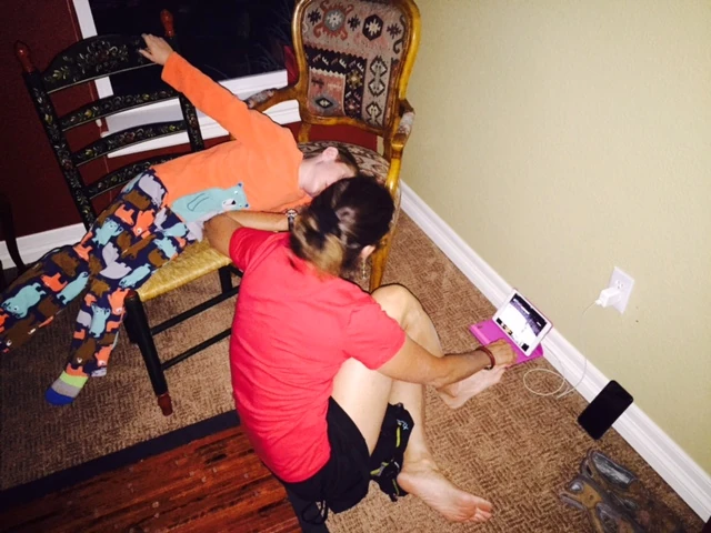 Trudi trying to watch the Blackhawks in the Stanley Cup a couple nights ago, on an iPad. Pascal, Vincent and Lisa’s kid, was “helping” her watch.