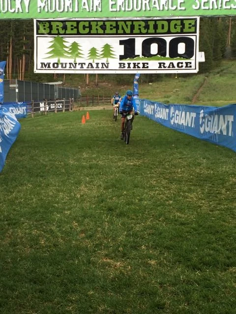 Vincent finishing the Breck 68 mile race. That is Brian in the background. They both missed a turn, plus Vincent flatted a bunch. They ended up 6 and 7th overall, which is pretty good considering.