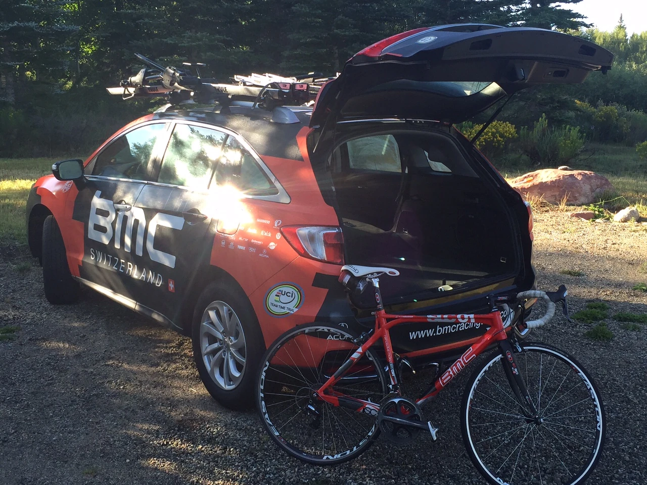 BMC got new Acura team cars this year. I brought Trudi her bike so she could ride some today.