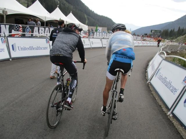 I got to the finish at Arapaho Basin way after the finish. Brent Bookwalter, who had won, was just finishing a press deal. I rode back down to the bus with him, chatting. He is having a pretty stellar end of the season between his Utah and Colorado results.