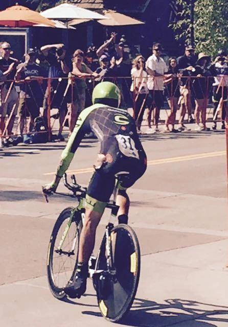 Here is Davide Formolo, Garmin, who fell on the 2nd to last corner in the time trial. He is pretty ripped up and his rear disc is flat.