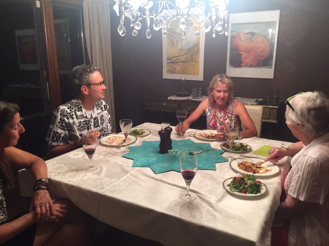 We walked the two blocks to the Walberg&rsquo;s house to catch up. We&rsquo;d already eaten, so we just had wine. Trudi brought dessert. Catherine&rsquo;s mom was over, so that is always entertaining.