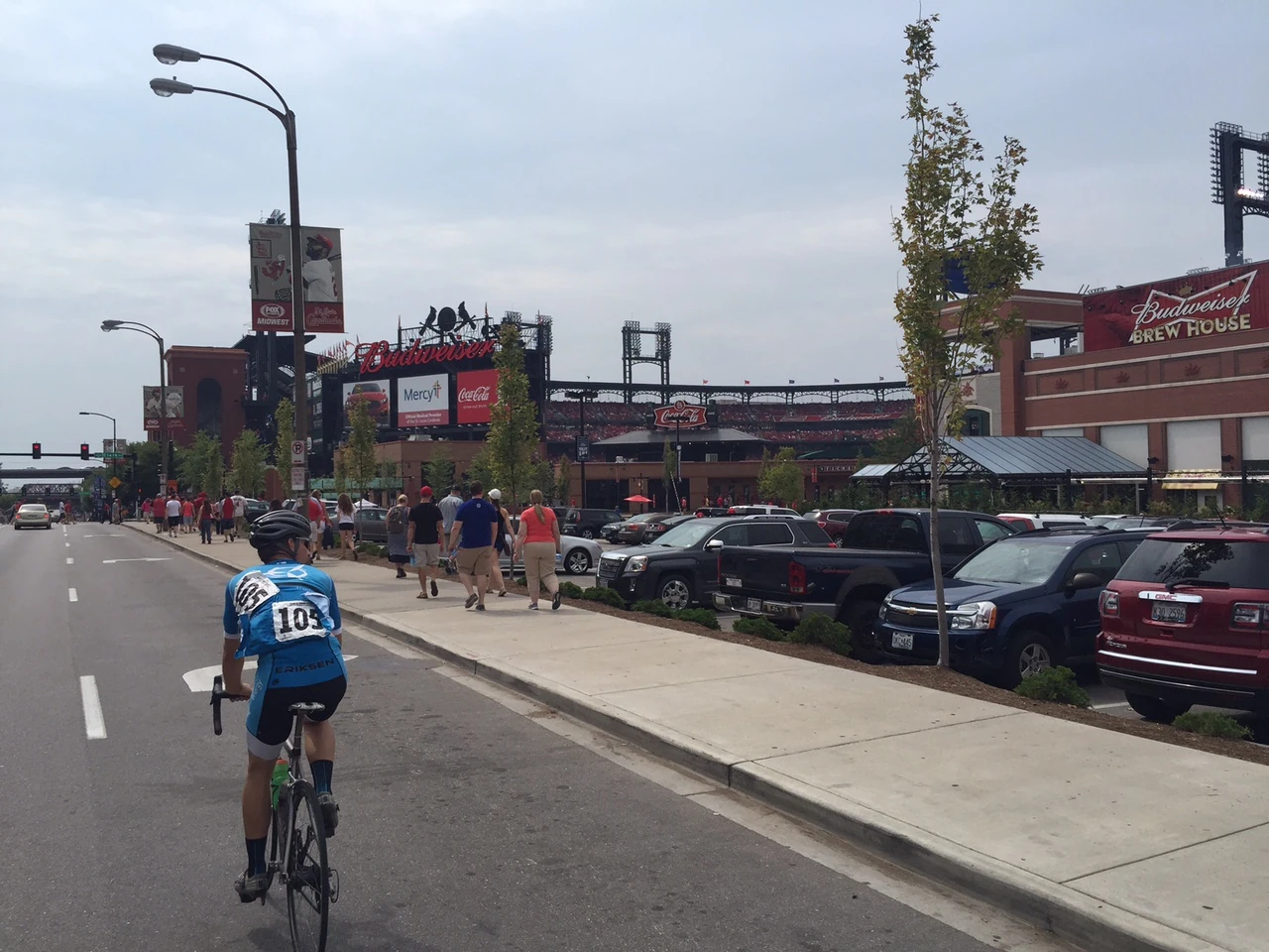 We rode by the St. Louis Cardinal stadium warming up. They were playing the Cubs and there were a ton a people there.