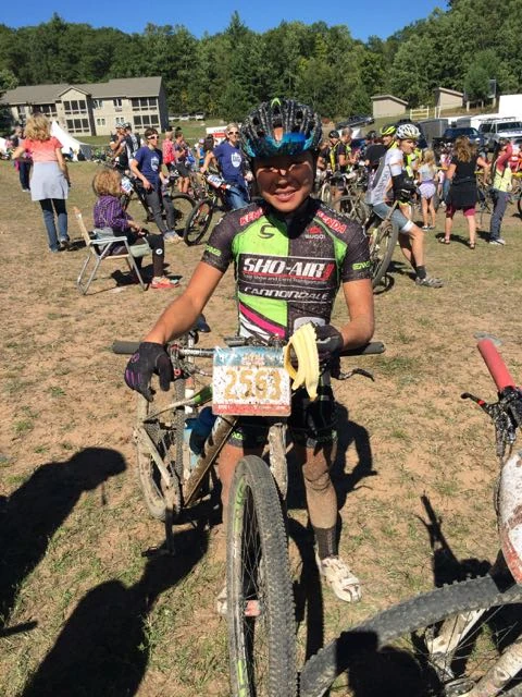 Evelyn Dong at the finish. It was a little sloppy out there.
