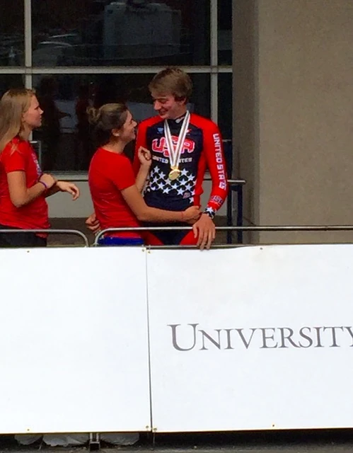 I thought this was a great scene. I think this is Brandon Mcnulty, a junior that finished third in the time trial, after the awards ceremony.
