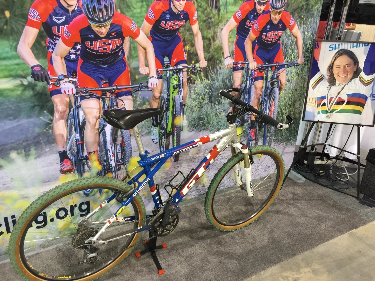 The USA Cycling booth in the Fan Fest has Allison Dunlap&rsquo;s bike displayed. I liked that.