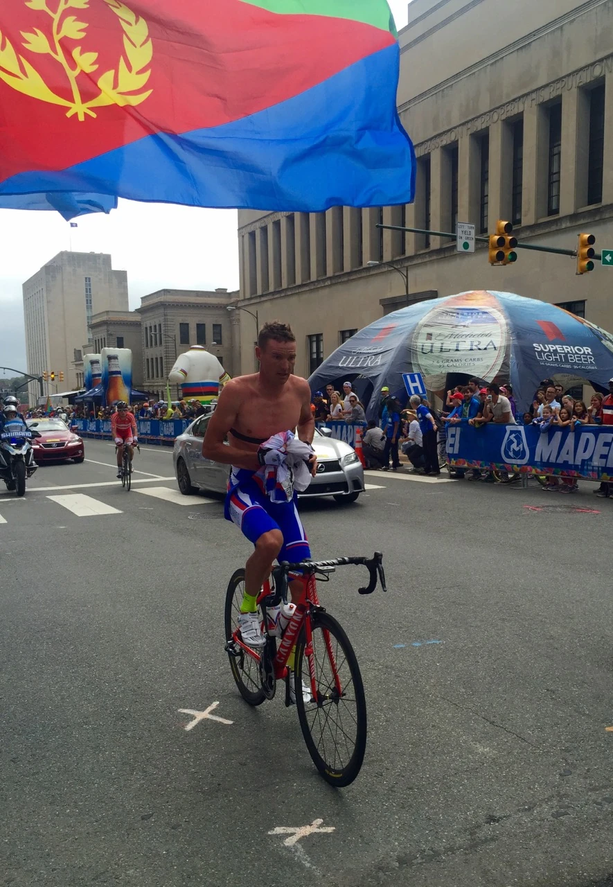 Early in the race, I guess he wore one too many layers.