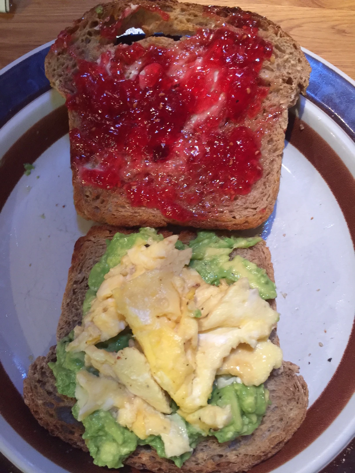 Gwen told me to try the avocado/egg smear. I&rsquo;d already put butter and jam on the other piece, my normal toast coverings.
