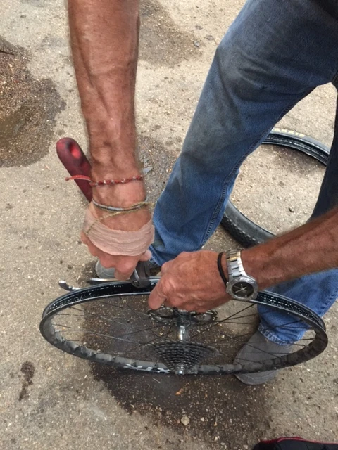 Fixin&rsquo; it with a Cresent wrench and Campy BB tool.