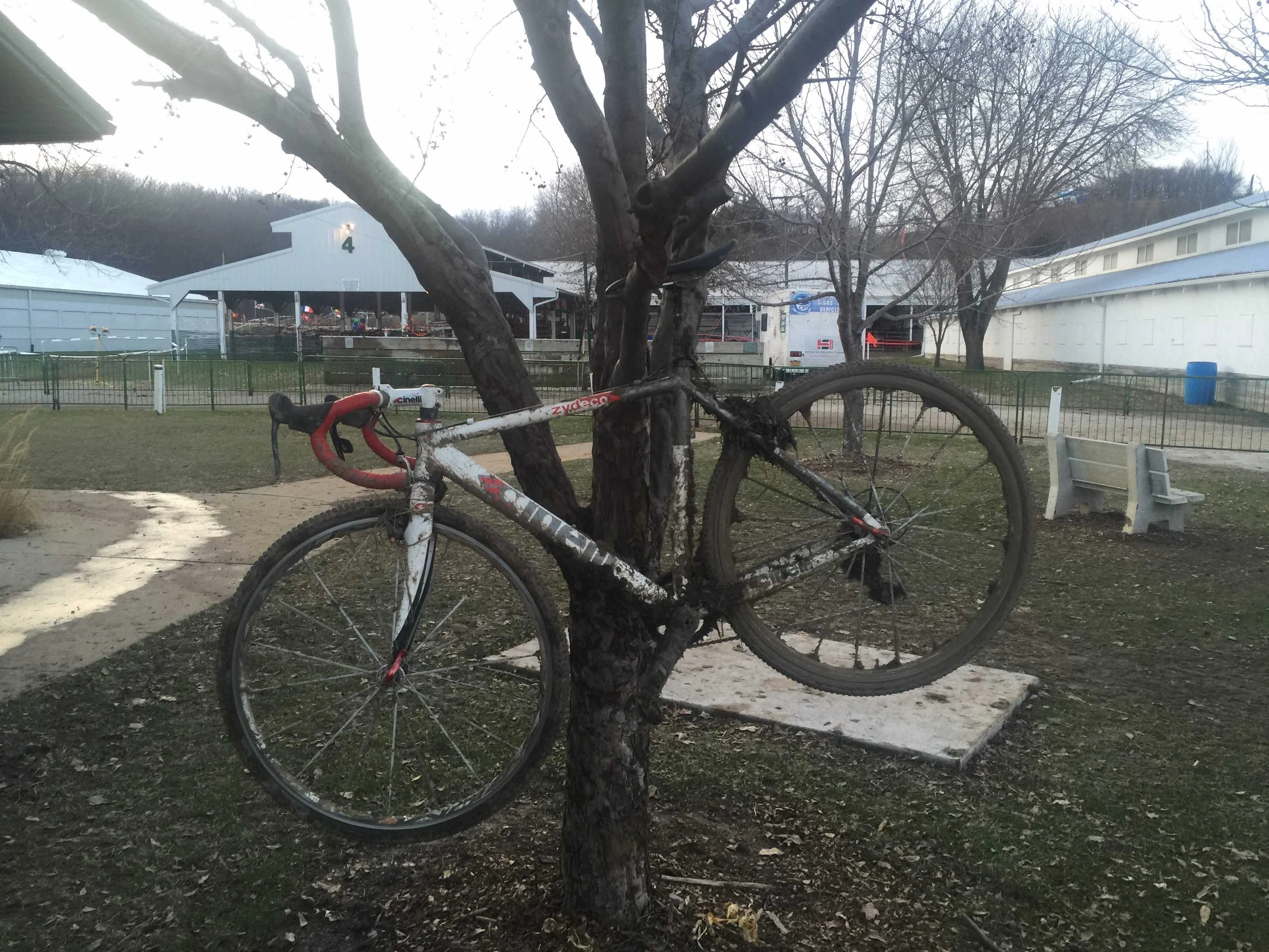 Leaving the shower, late this afternoon, this bike was just hanging in this tree. It looked like it had been there a while and was going to stay there. Kind of summed up the day for a lot of the riders.