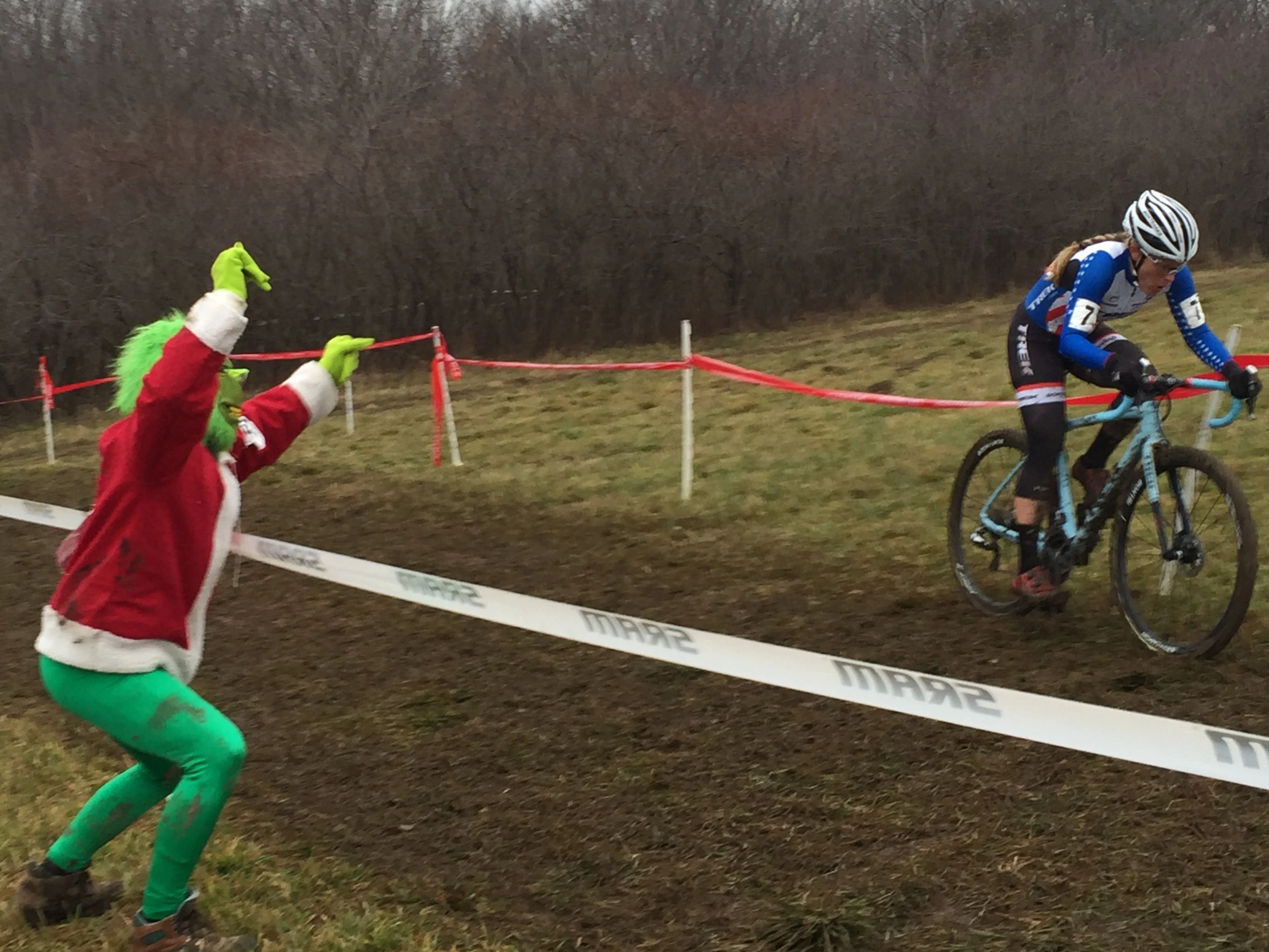The Grinch was all over the course. He&rsquo;s cheering Katie Compton here at the top of Mt. Krumpet.