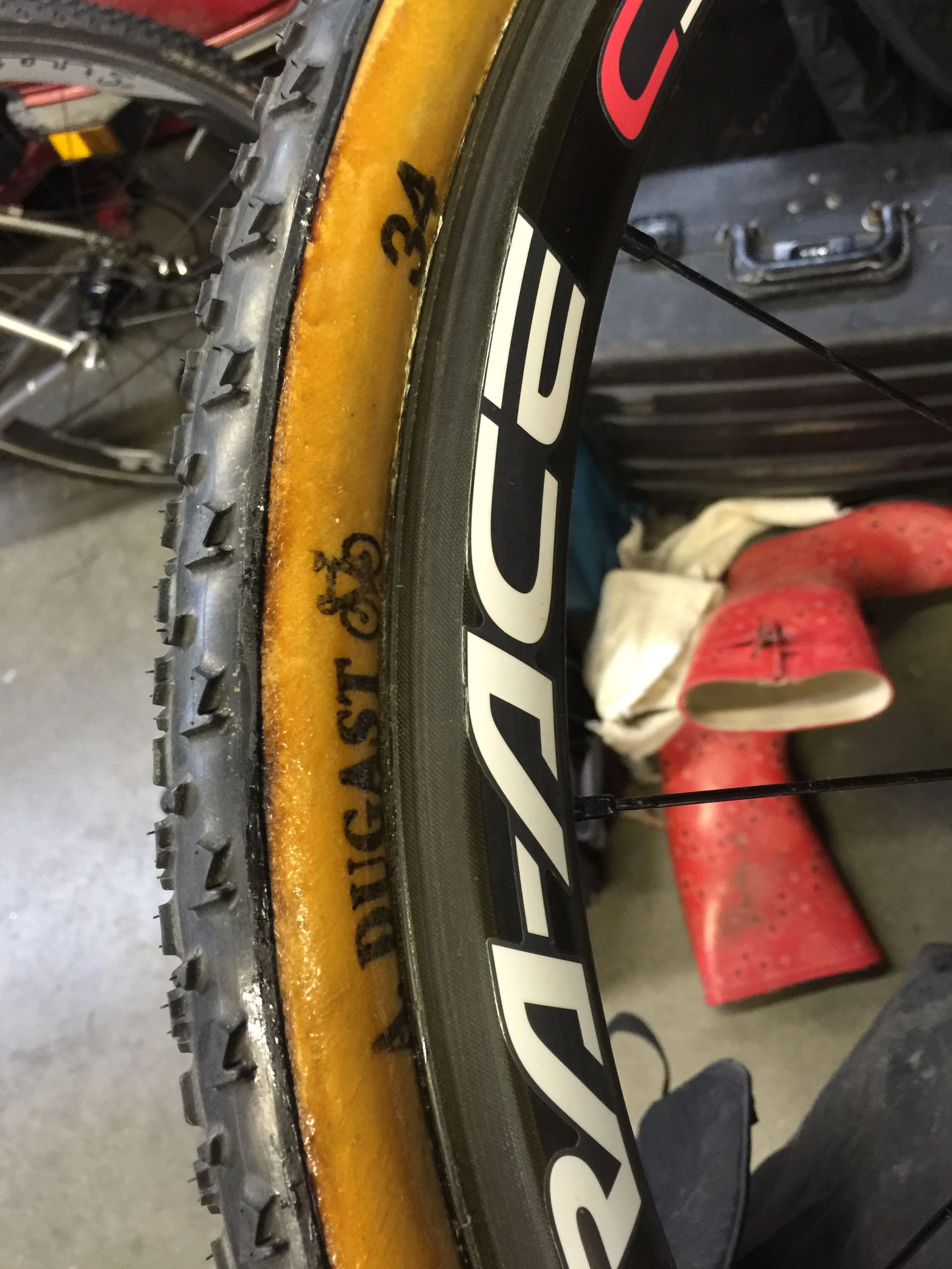 I glued on a couple 34 mm Dugast tires I had left over. They aren&rsquo;t UCI legal, but the Master&rsquo;s race isn&rsquo;t a UCI race, so the max tire width is 35. I have FMB mud tires on my best wheels, but put these on just in case.
