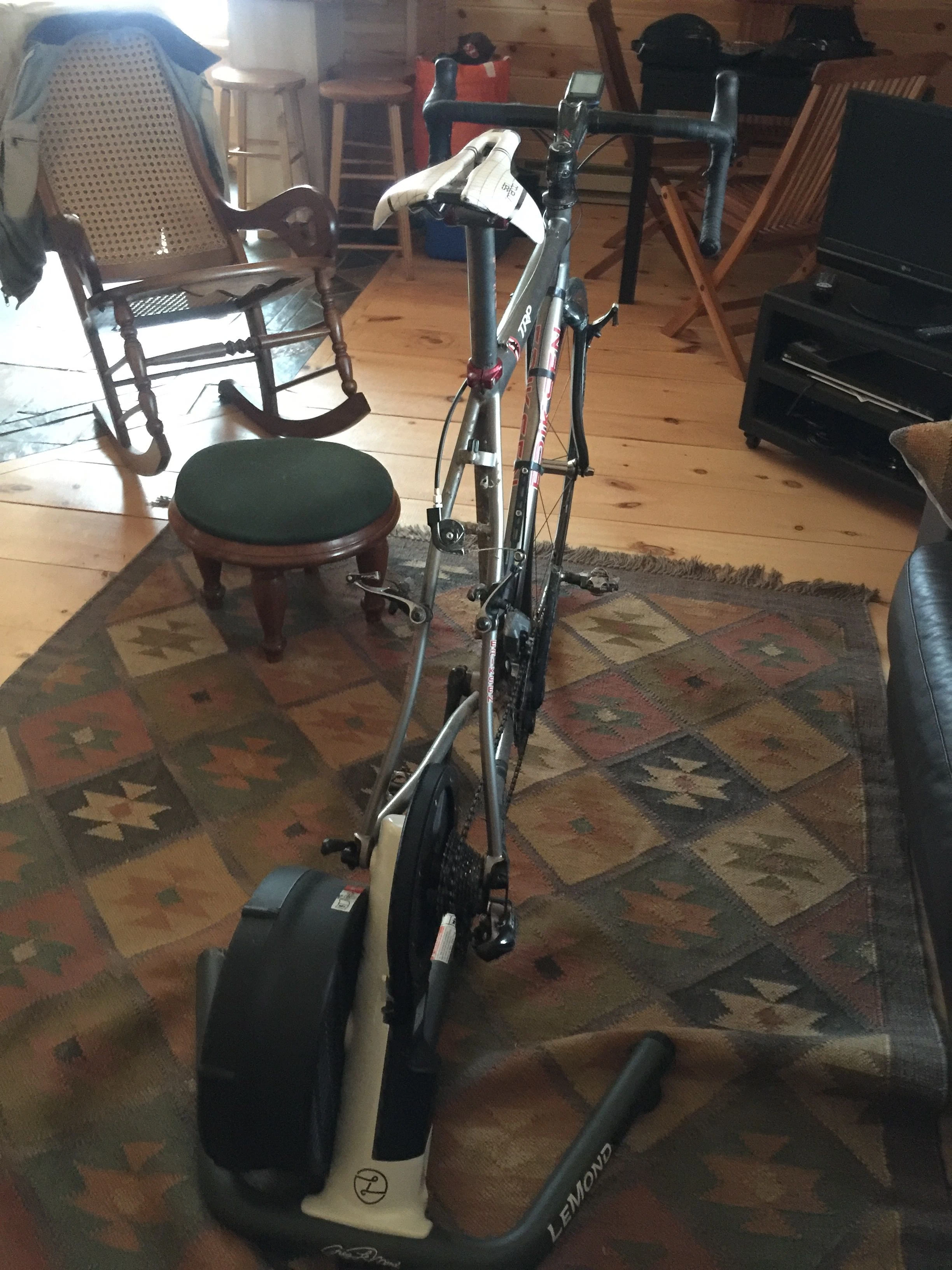 My cross bike on the trainer at Dennis&rsquo;. I need to put my road bike back together. Maybe I&rsquo;ll make that a project for the day. 