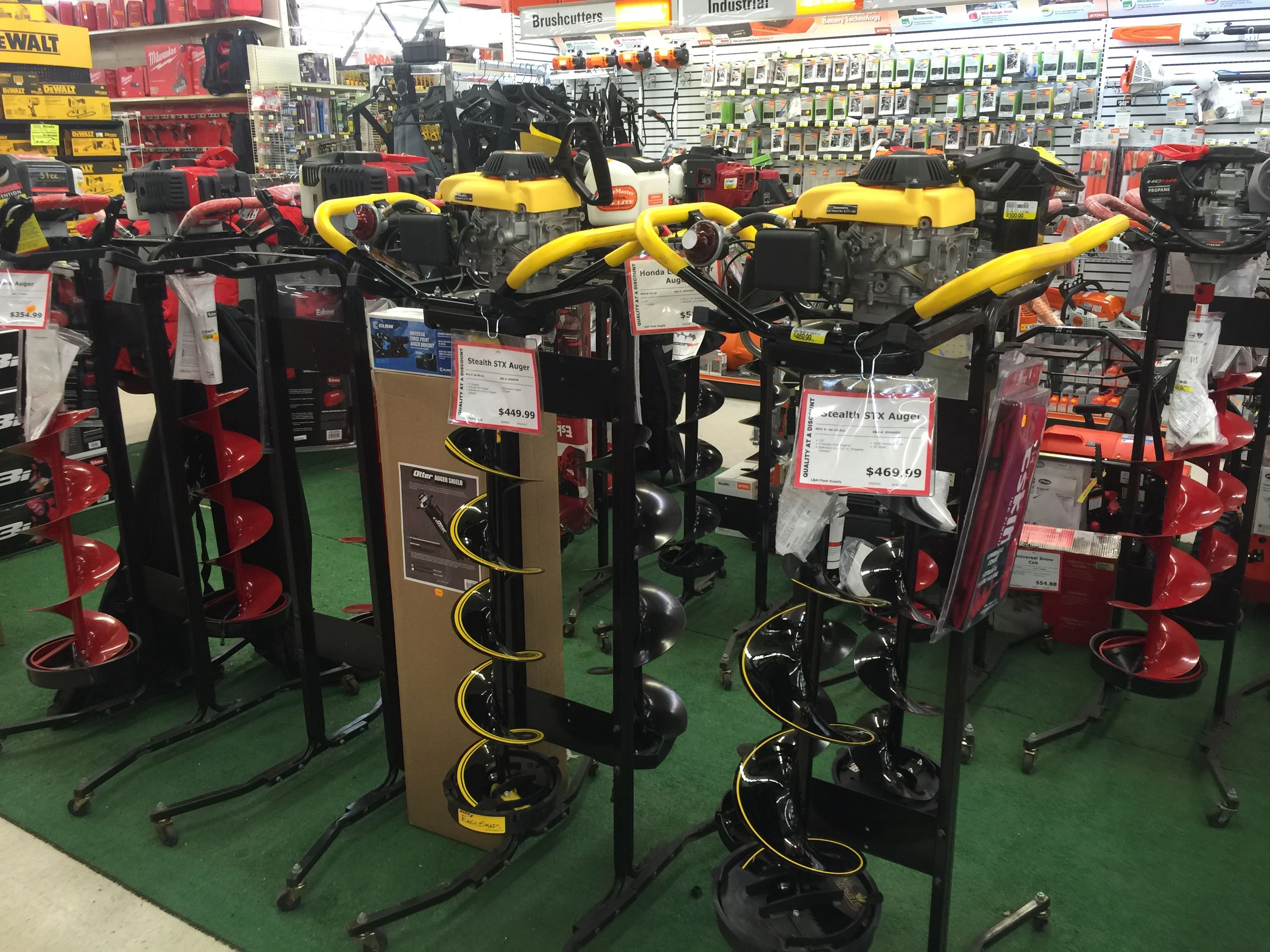 And, of course, the ice augers for drilling holes in the lake ice.