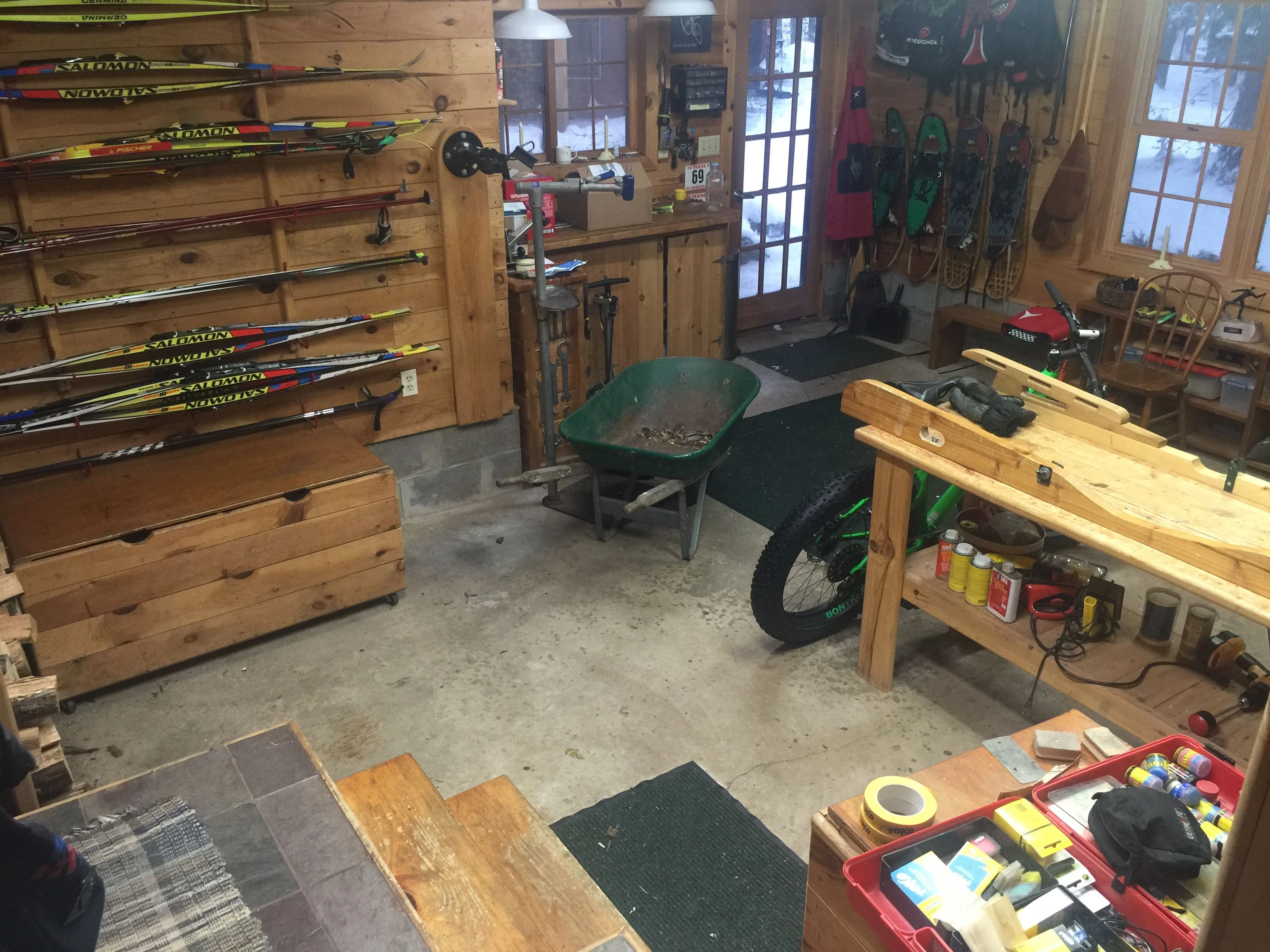 Dennis&rsquo; bike room switches into a winter sports complex depending on the season.