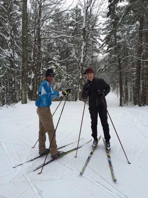 Dennis and I. I decided just to wear my Carhart lined pants. I wasn’t really doing anything, but ended up skiing nearly 15 km.