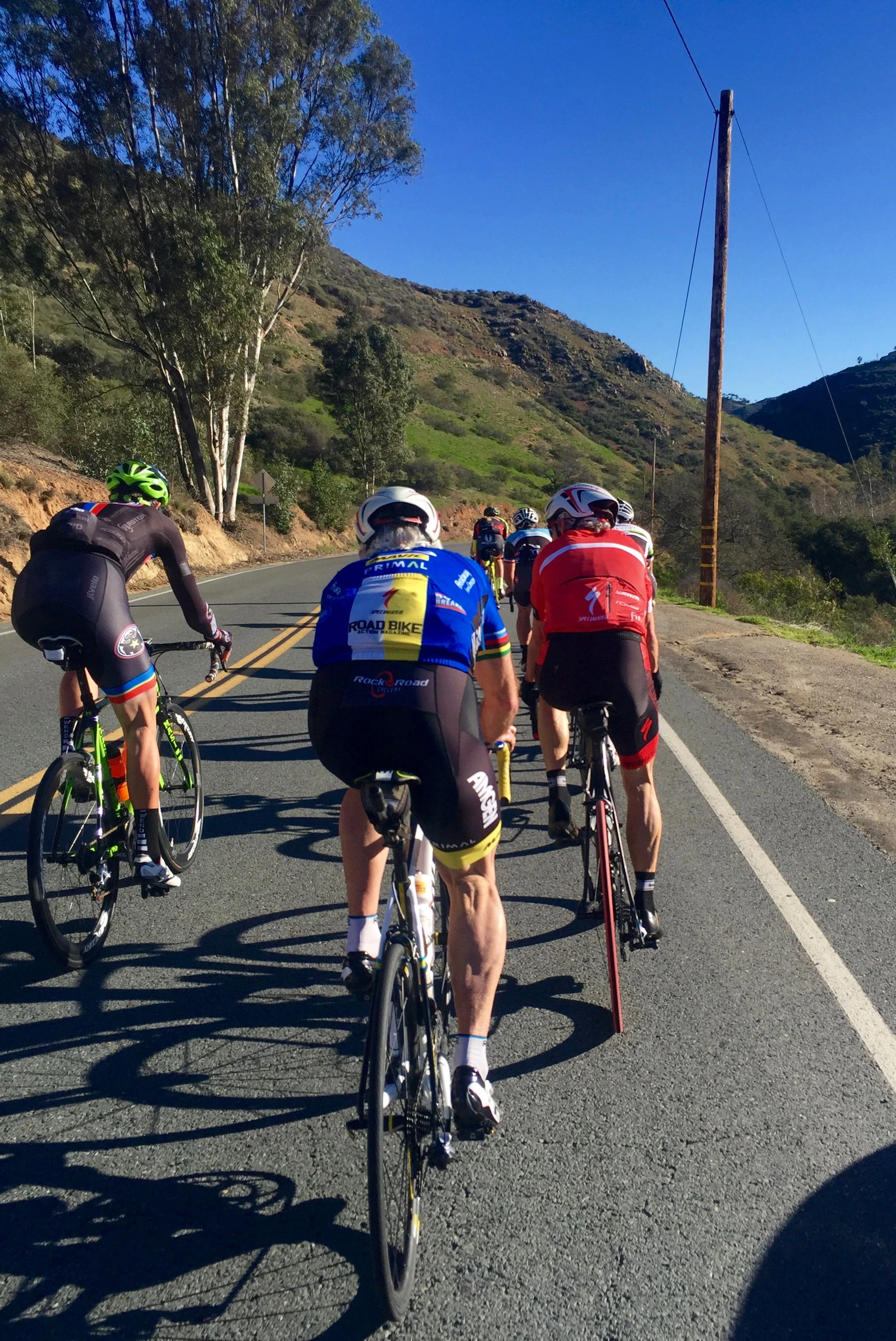 This is Thurlow Rogers, in the blue and Ned, red, riding up the climb in Elfin Forest.