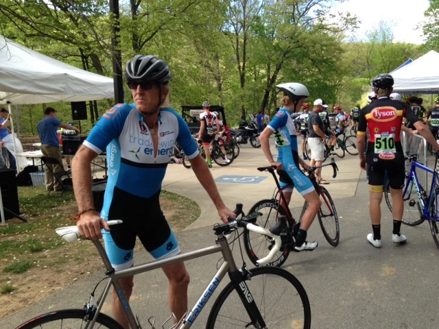 Waiting to start. Alex was wearing a time trial helmet. I didn&rsquo;t notice that before the race.