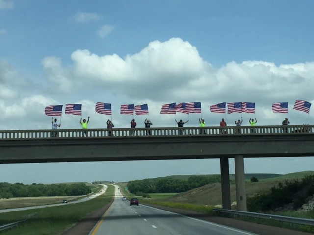 Every overpass on the way home, it was like this. We tried to look it up and all we could come up with it that is was Armed Forces Day. I&rsquo;m not exactly sure what that is, but there are lots of supporters here in Kansas.
