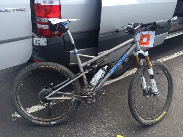 My bike. Dual suspension Eriksen, 27.5, Full XTR with Fox fork and rear shock. Maxis Ikon tires, 2.2, front and rear. Somewhere between 20-25 psi pressure.