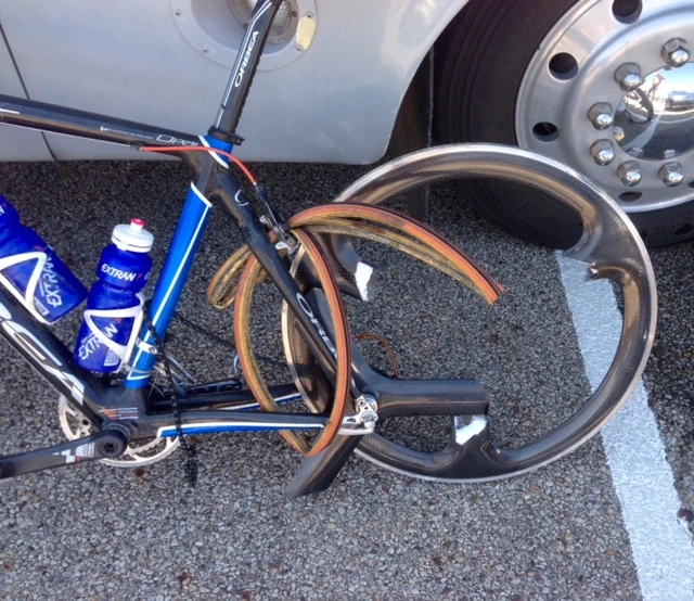 Kris&rsquo; bike after he landed on his rear wheel badly.That trispoke is pretty much toast, huh?