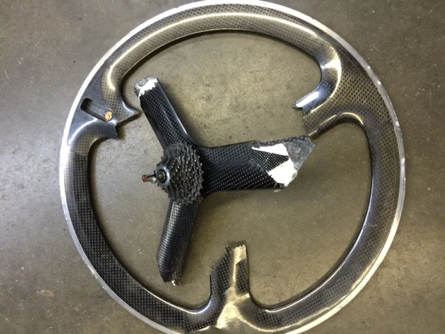 The trispoke that Kris was riding when he fell. I&rsquo;ve never seen one explode so badly. 