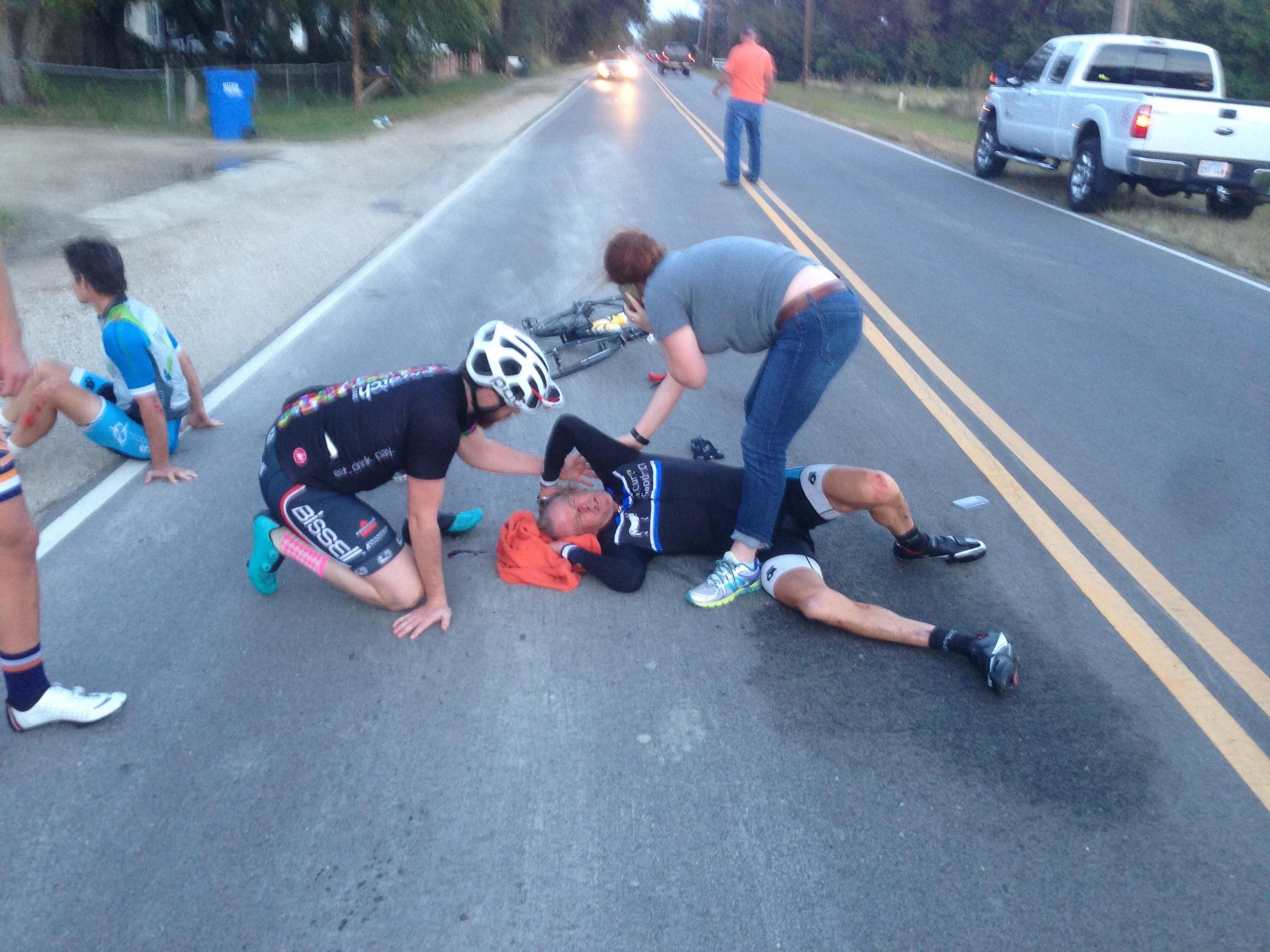 Laying in the middle of the road. Bill ran into me from behind and is on the edge of the road.