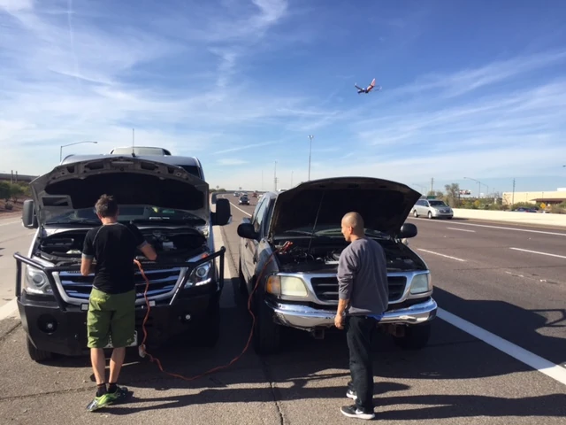 Vincent stopped on the highway yesterday to jump a couple guys in a pickup truck. It was kind of sketchy.