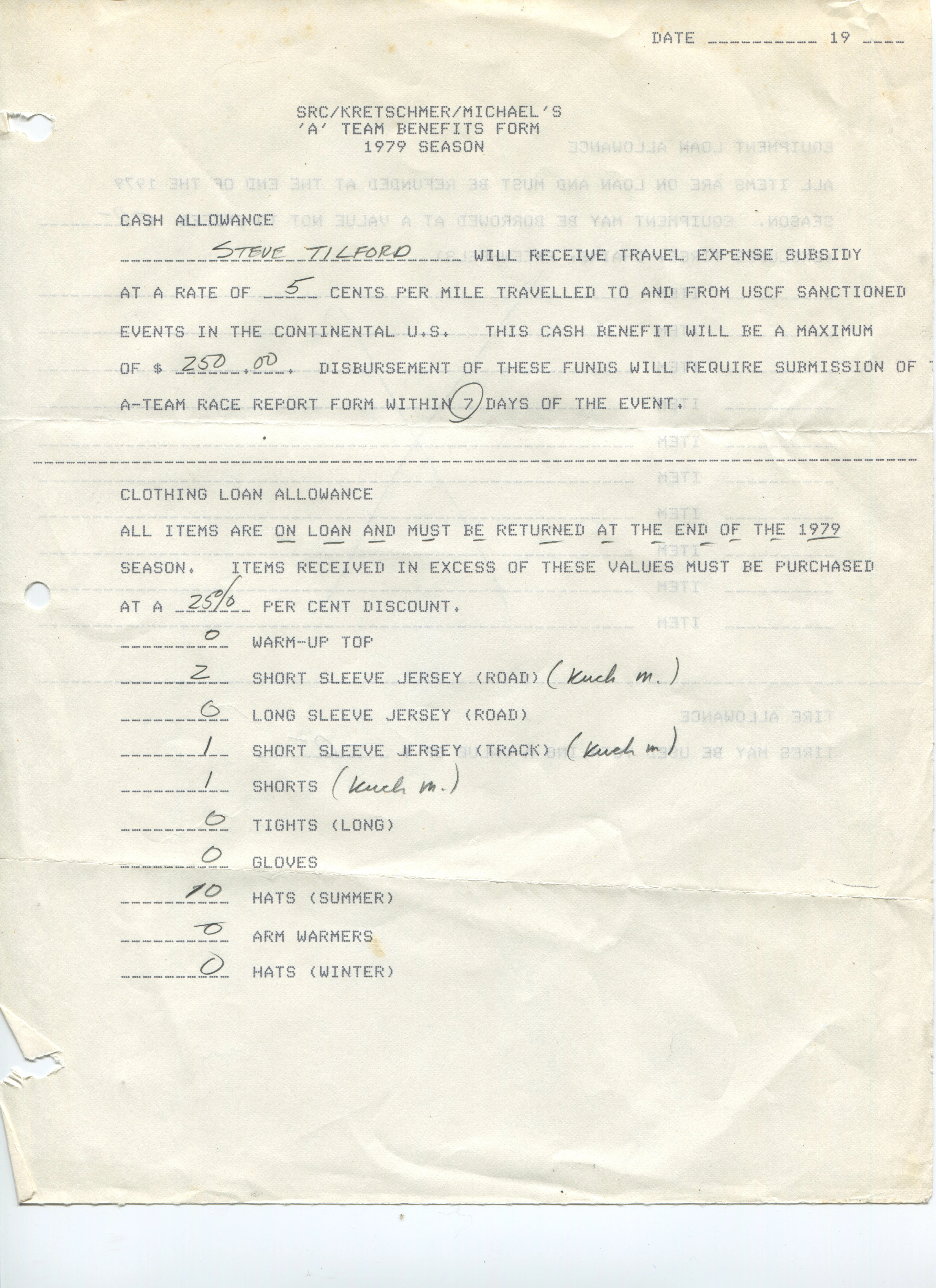 My first contract from SRC/Michael Fatka. It was a real step down from the support I had received from Mt. Oread, but a must do for advancement. What a cheap skate on shorts? But, my hat situation was stellar.