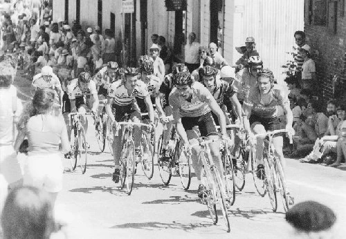 Dale, 2nd for the front, at the Nevada City Criterium. I&rsquo;m out of the picture, obscured, but my team mate Andy Hampsten is there along with Chris Carmichael and a few others.
